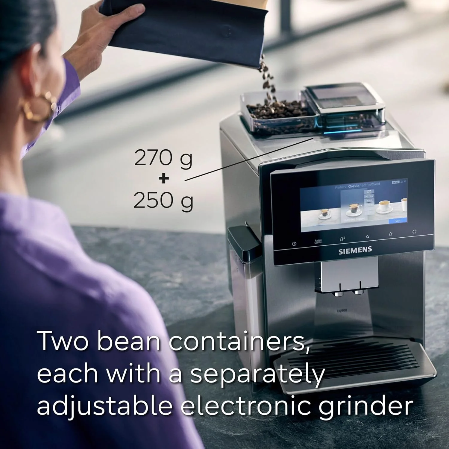 SIEMENS EQ900 Plus Fully Automatic Bean to Cup Coffee Machine, 6.8" Touch Screen Display, Auto Descaling/Cleaning, dual bean containers, baristaMode, beanIdent System, Home Connect, TQ907GZ3 - Image 5