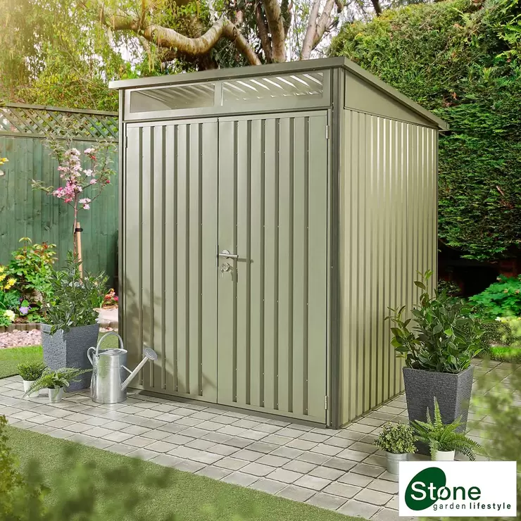 Stone Garden 5ft 11" x 5ft 11" (1.8m x 1.84m) Two Door Steel Shed in Green
