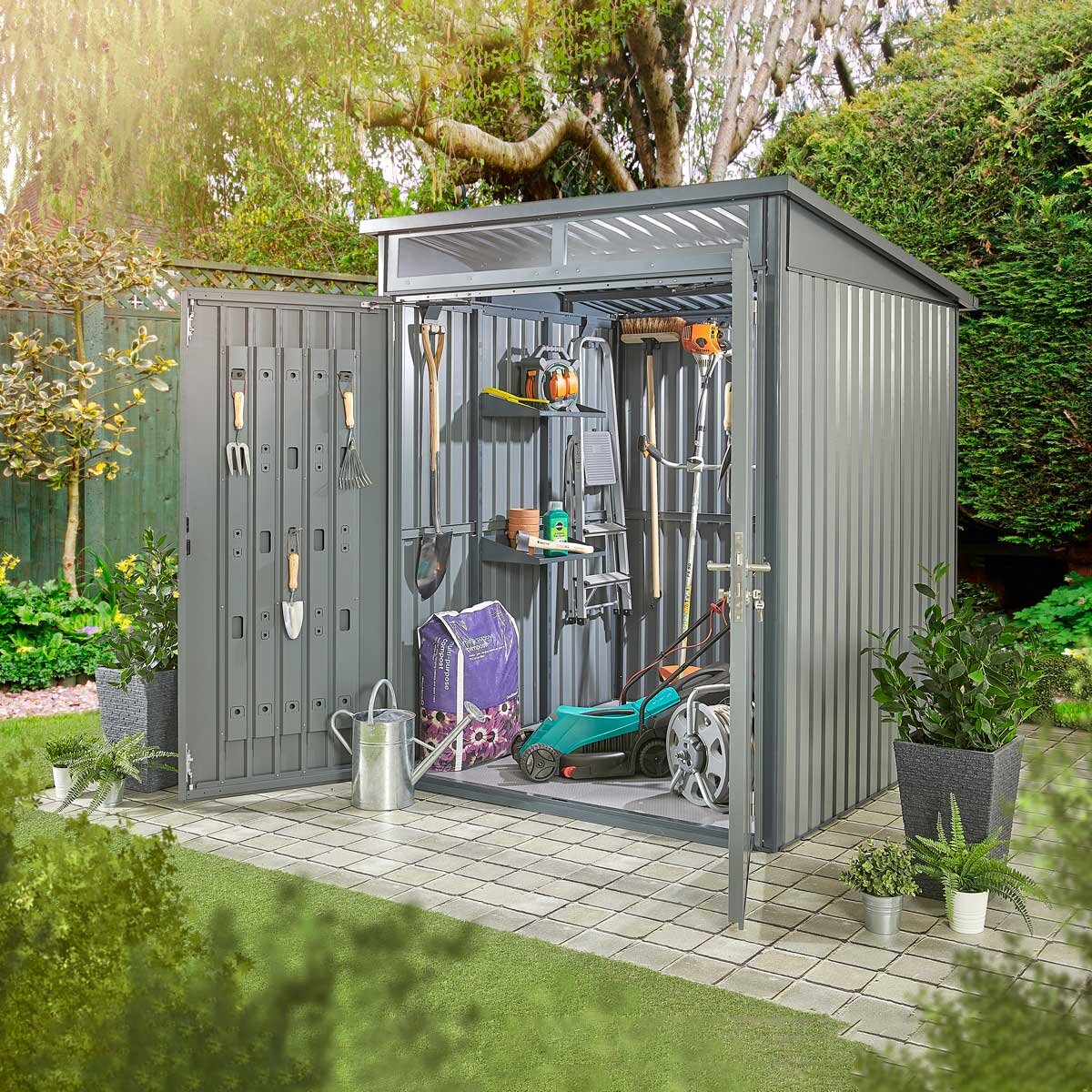 Stone Garden 5ft 11" x 5ft 11" (1.8m x 1.84m) Two Door Steel Shed in Grey - Image 2