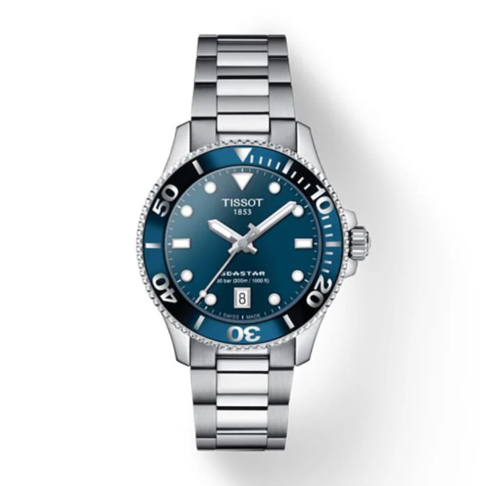 Tissot Quartz 36mm Men’s Watch with Blue Material Dial, Stainless Steel Case & Bracelet, 300m Water Resistant / T1202101104100