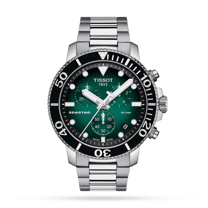 Tissot Quartz 50mm Men’s Watch with Green Material Dial, Stainless Steel Case & Bracelet, 300m Water Resistant / T1204171109101