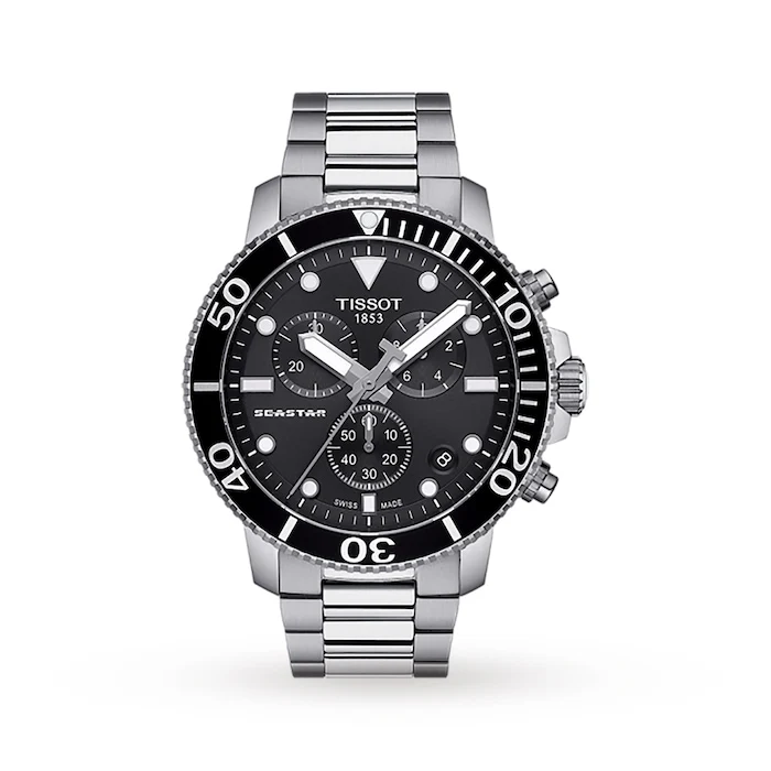 Tissot Sport Quartz 50mm Men’s Watch with Black Material Dial, Stainless Steel Case & Bracelet, 300m Water Resistant / T1204171105100