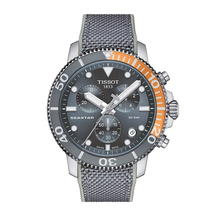 Tissot Sport Quartz Men’s Watch with Grey Material Dial, Stainless Steel Case, 300m Water Resistant / T1204171708101