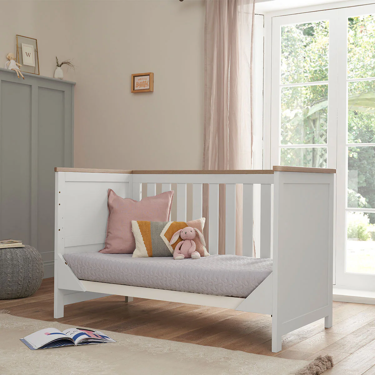 Tutti Bambini Verona Cot Bed with Sprung Mattress, White & Oak Finish - Image 3